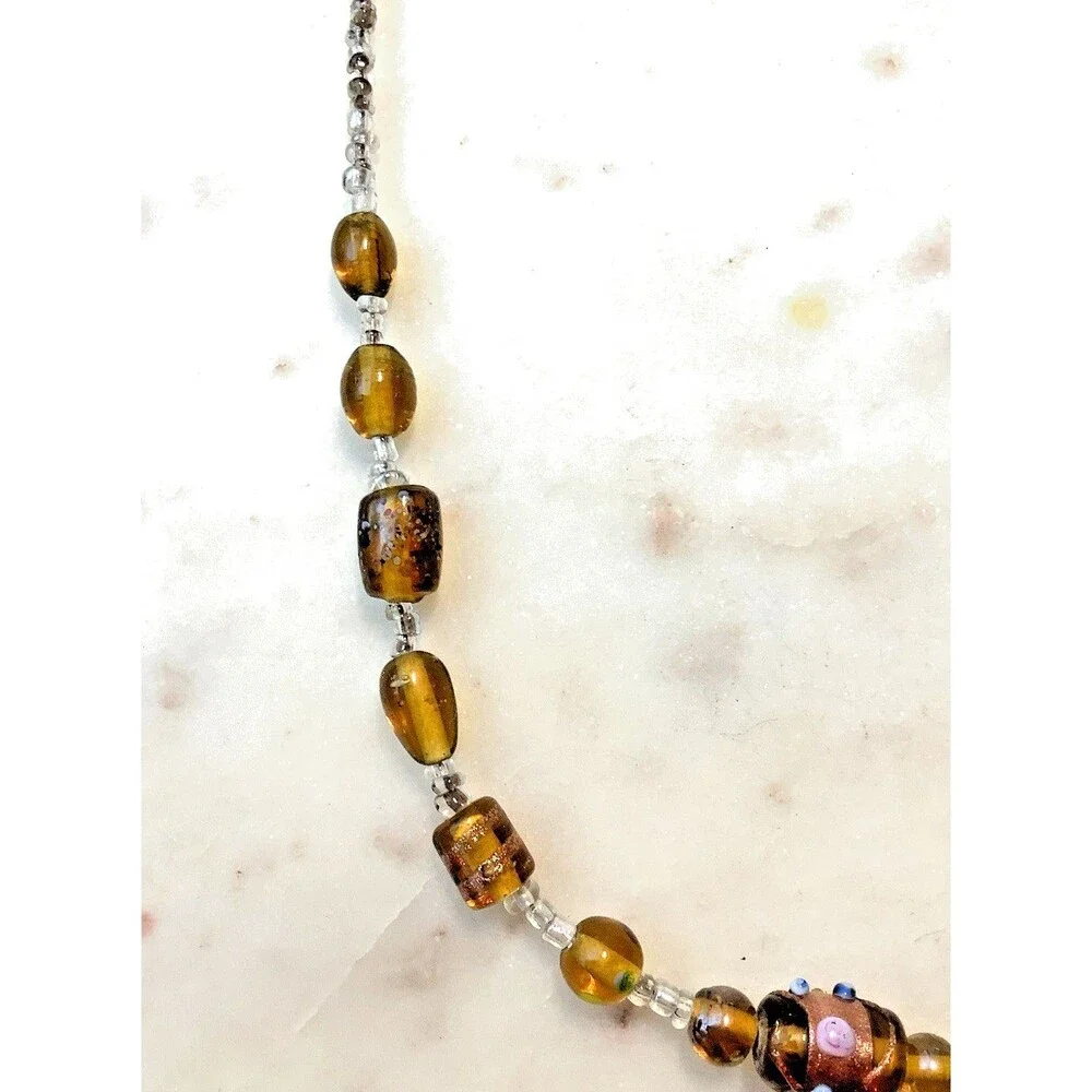Vintage Wedding Cake Bead Necklace Gold Hand Blown Foil Glass Italy Lampwork